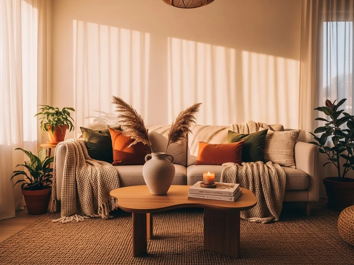Warm earthy living room glowing with golden hour sunlight and cozy decor