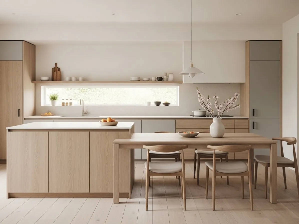 Japandi kitchen with gray cabinets and warm wood accents in a minimalist style.