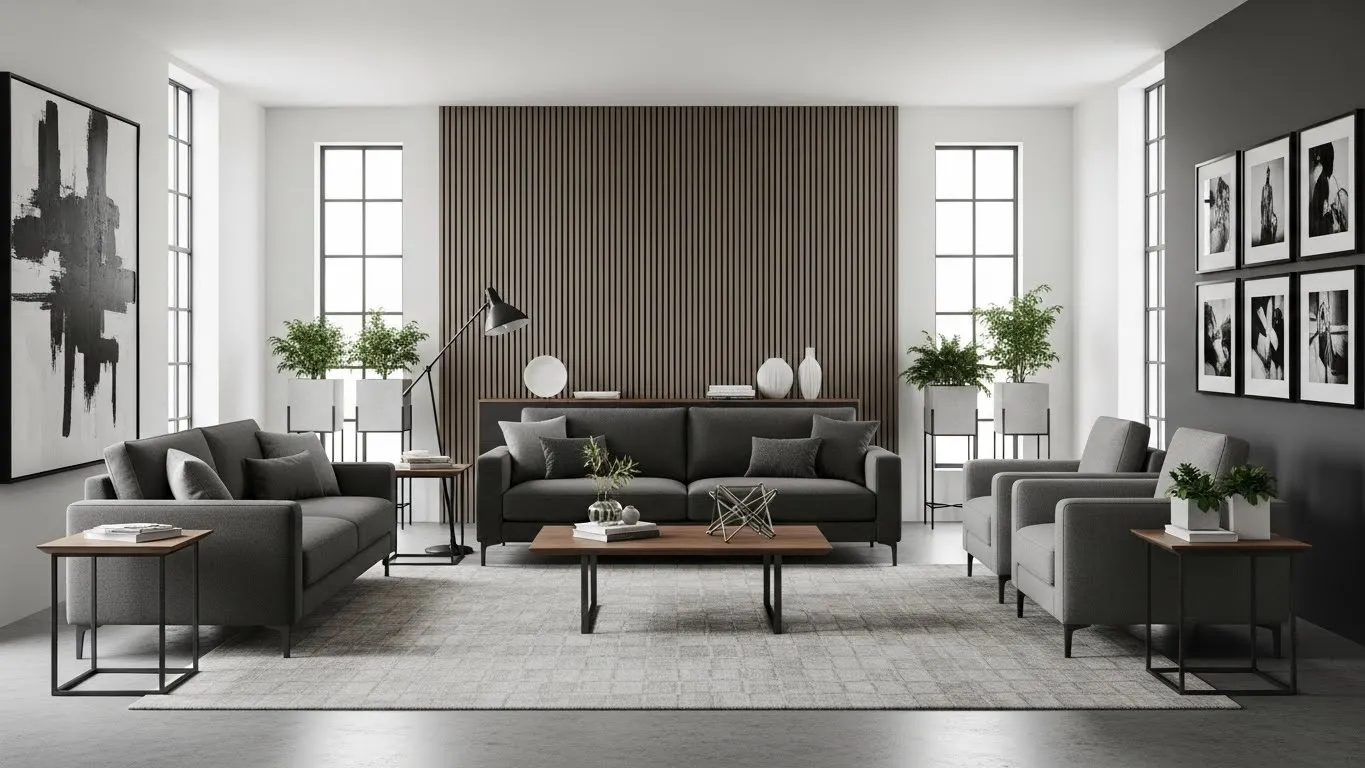 Gray masculine living room with minimalist furniture and warm wood accents