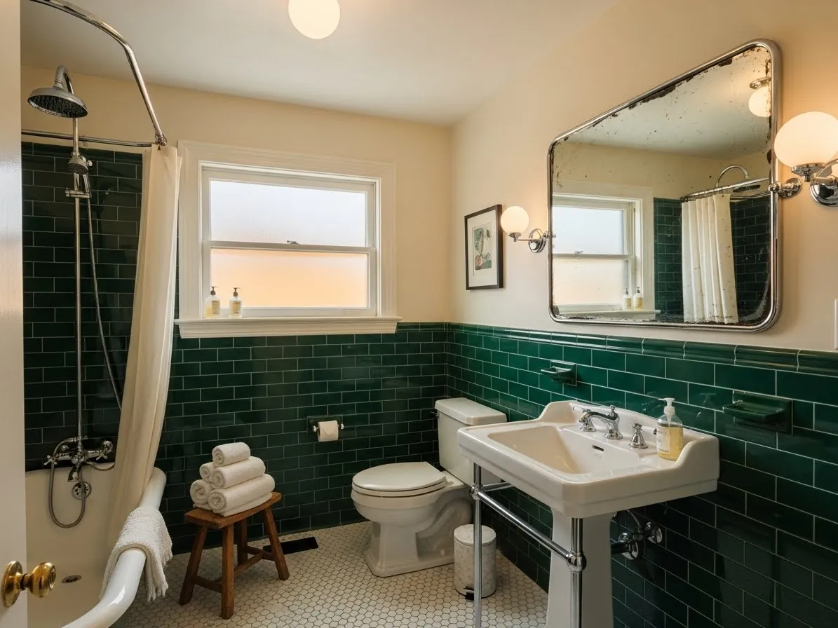 Green 1950s bathroom ideas featuring classic tiles and mid-century design