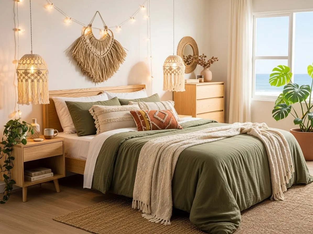 “Green boho coastal bedroom with tropical plants and natural wood furniture”