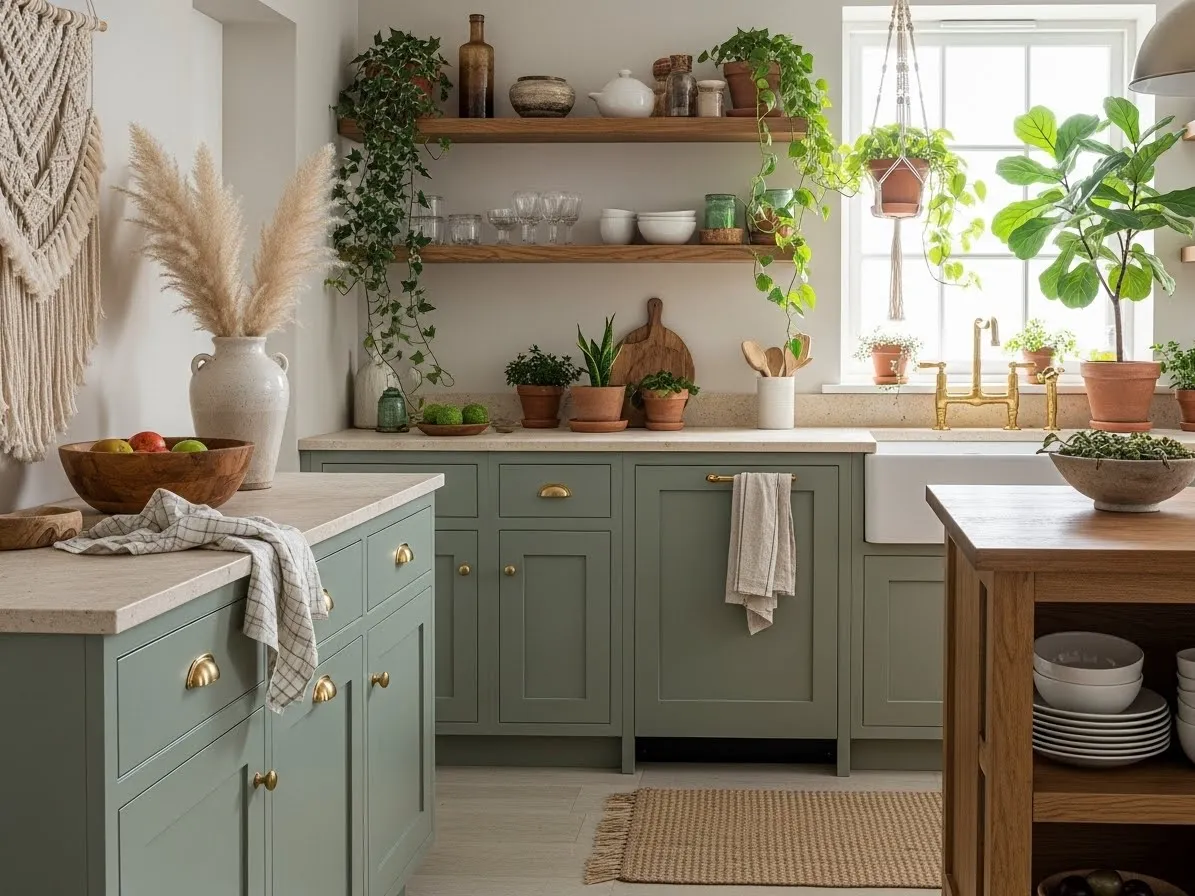 Boho kitchen ideas with green cabinets, plants, and earthy natural accents.