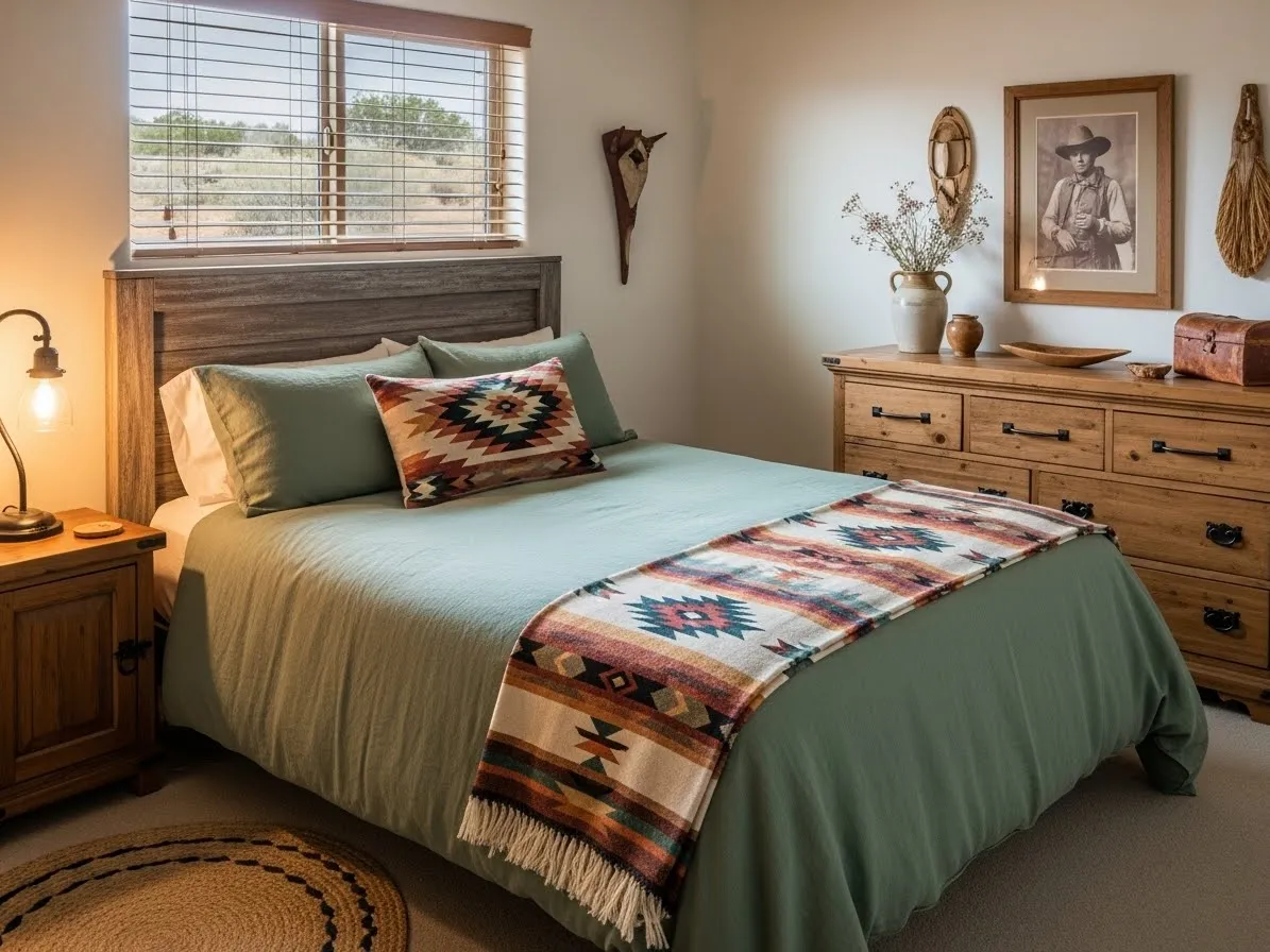 Western bedroom with green bedding, rustic wood furniture, and earthy accents.
