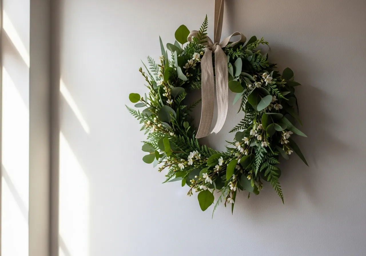 Greenery spring wreath creating a calm and fresh home atmosphere