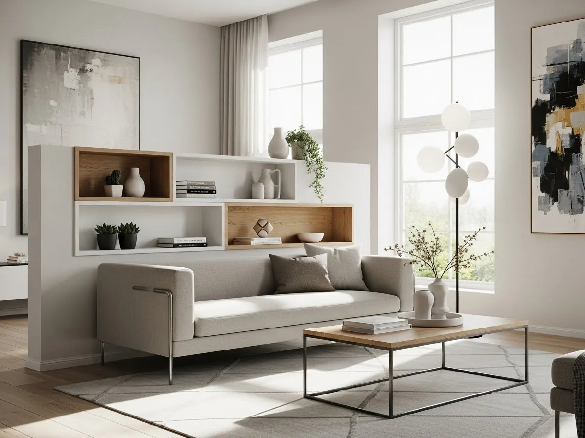 Half-wall partition with built-in storage shelving in a modern living room