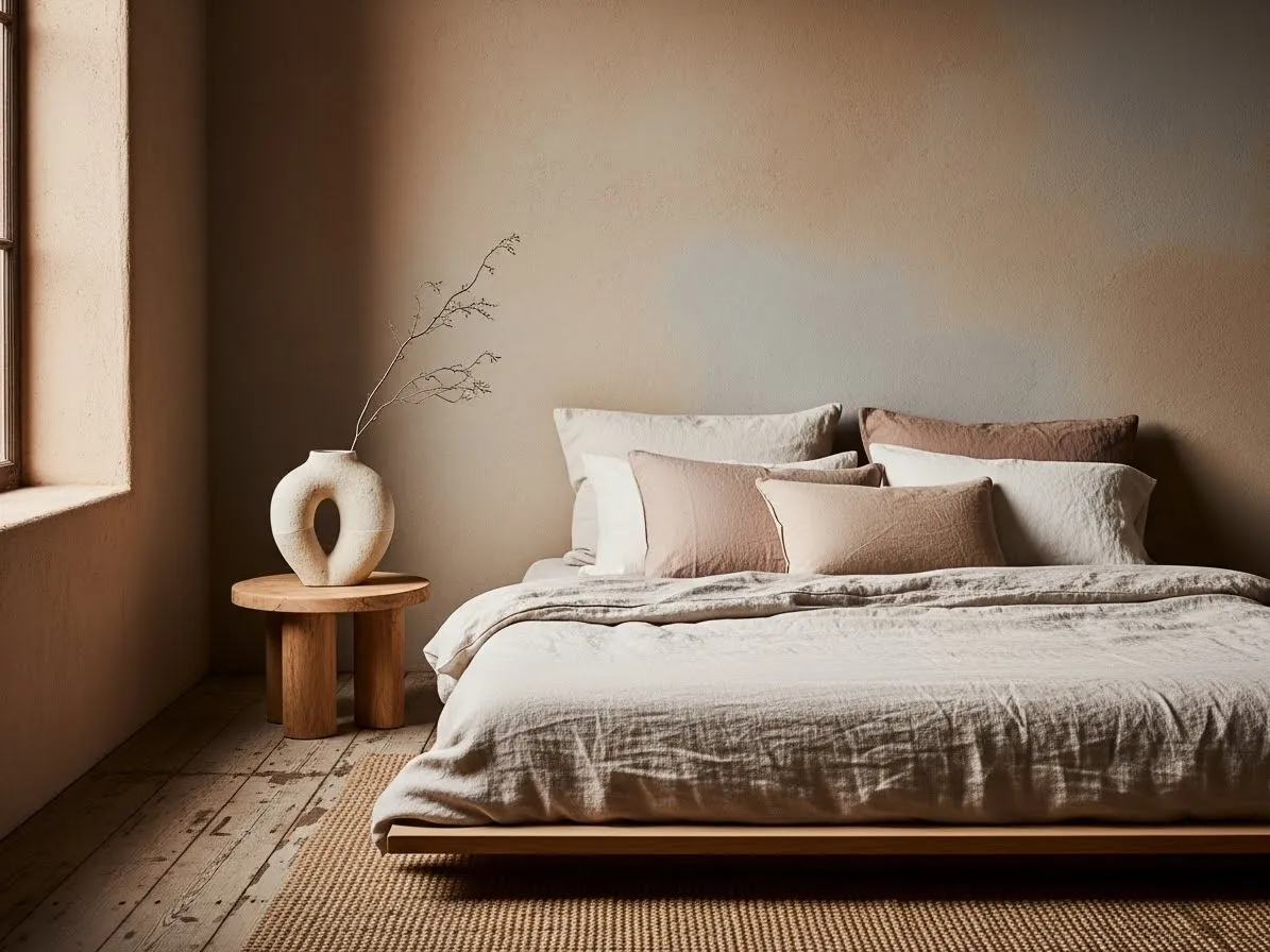 Handmade ceramic decor adding imperfect beauty to a wabi-sabi bedroom
