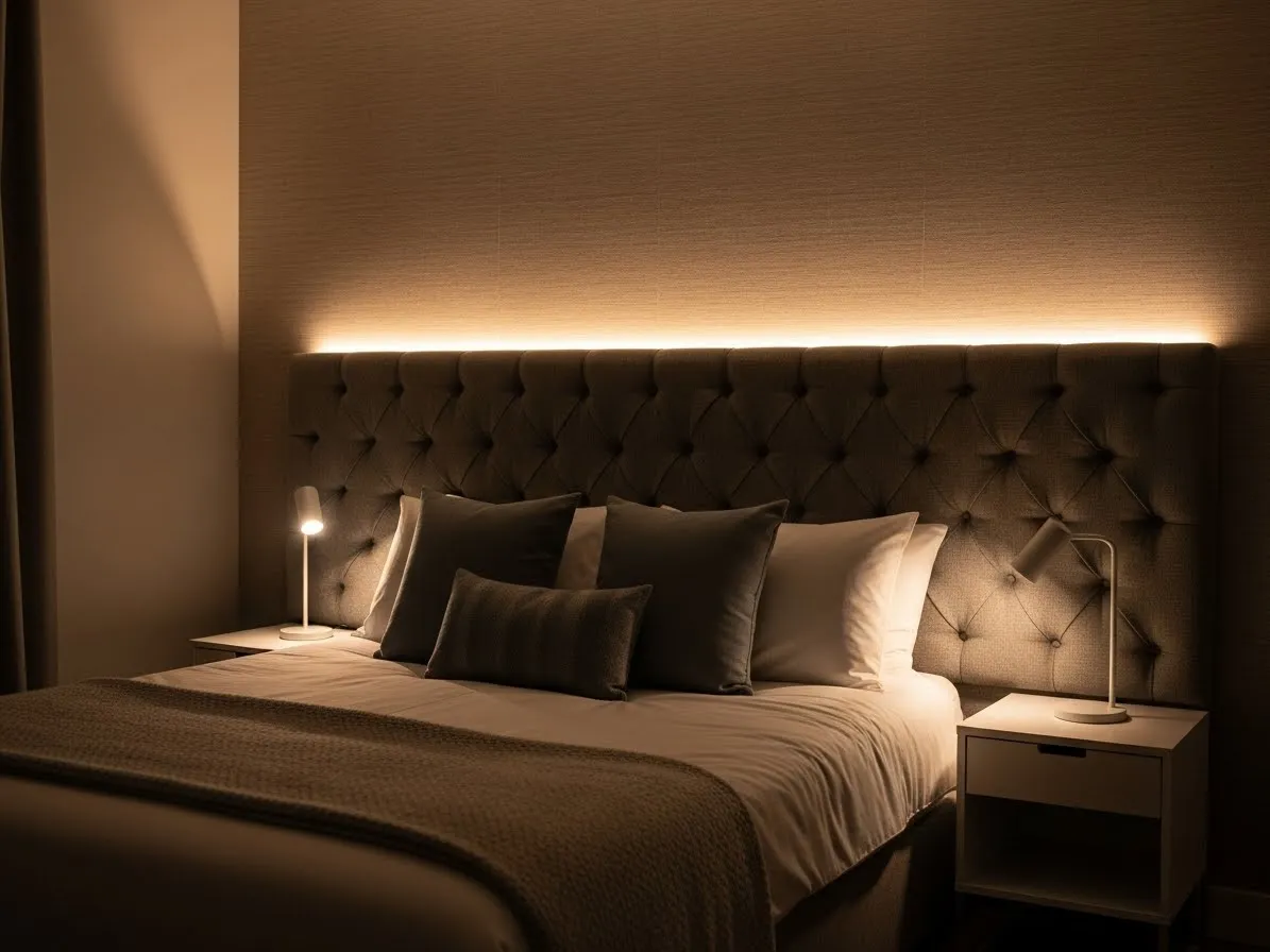 Bedroom headboard with built-in lighting for a warm and functional design.