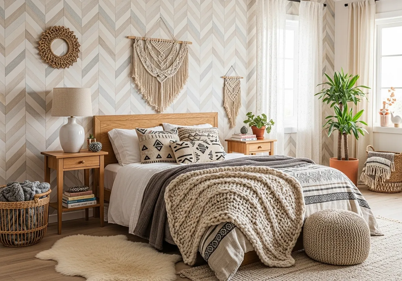 Boho bedroom with herringbone patterned wallpaper and cozy décor
