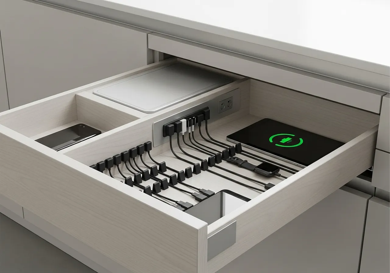 Minimalist kitchen ideas with hidden charging station and clutter-free counters