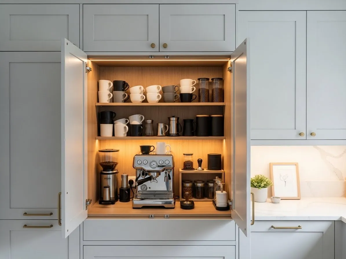 Hidden coffee bar inside kitchen cabinet with organized modern setup