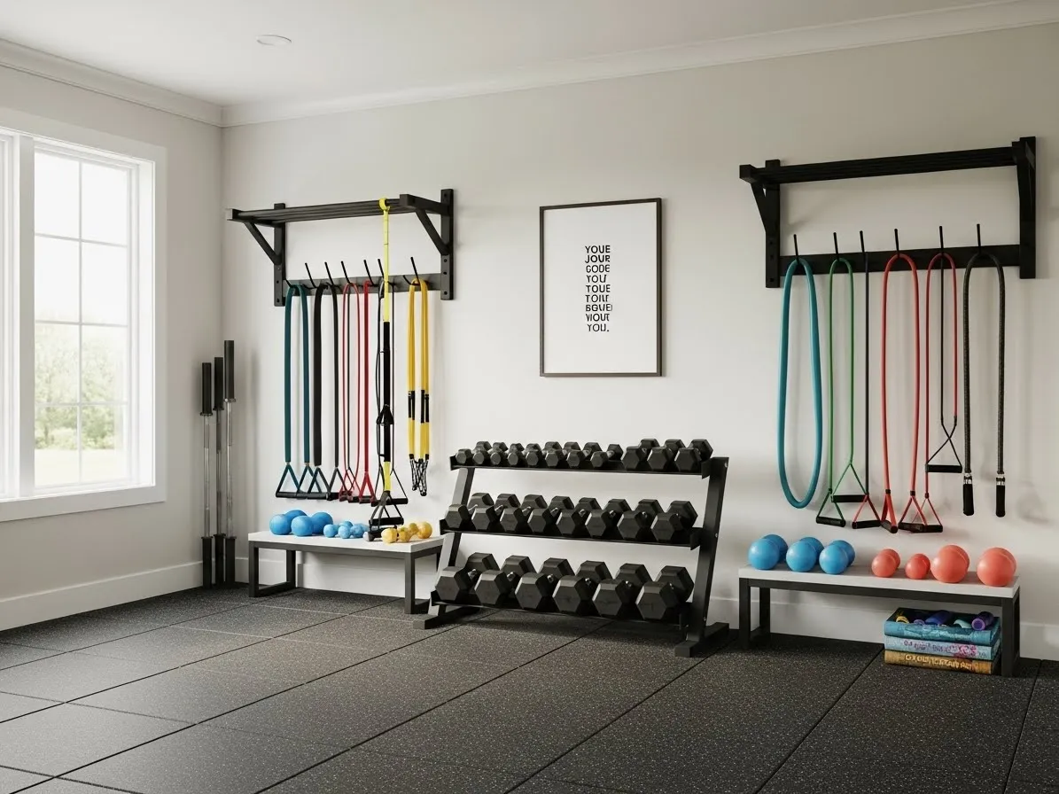Wall-mounted storage home gym ideas for small spaces