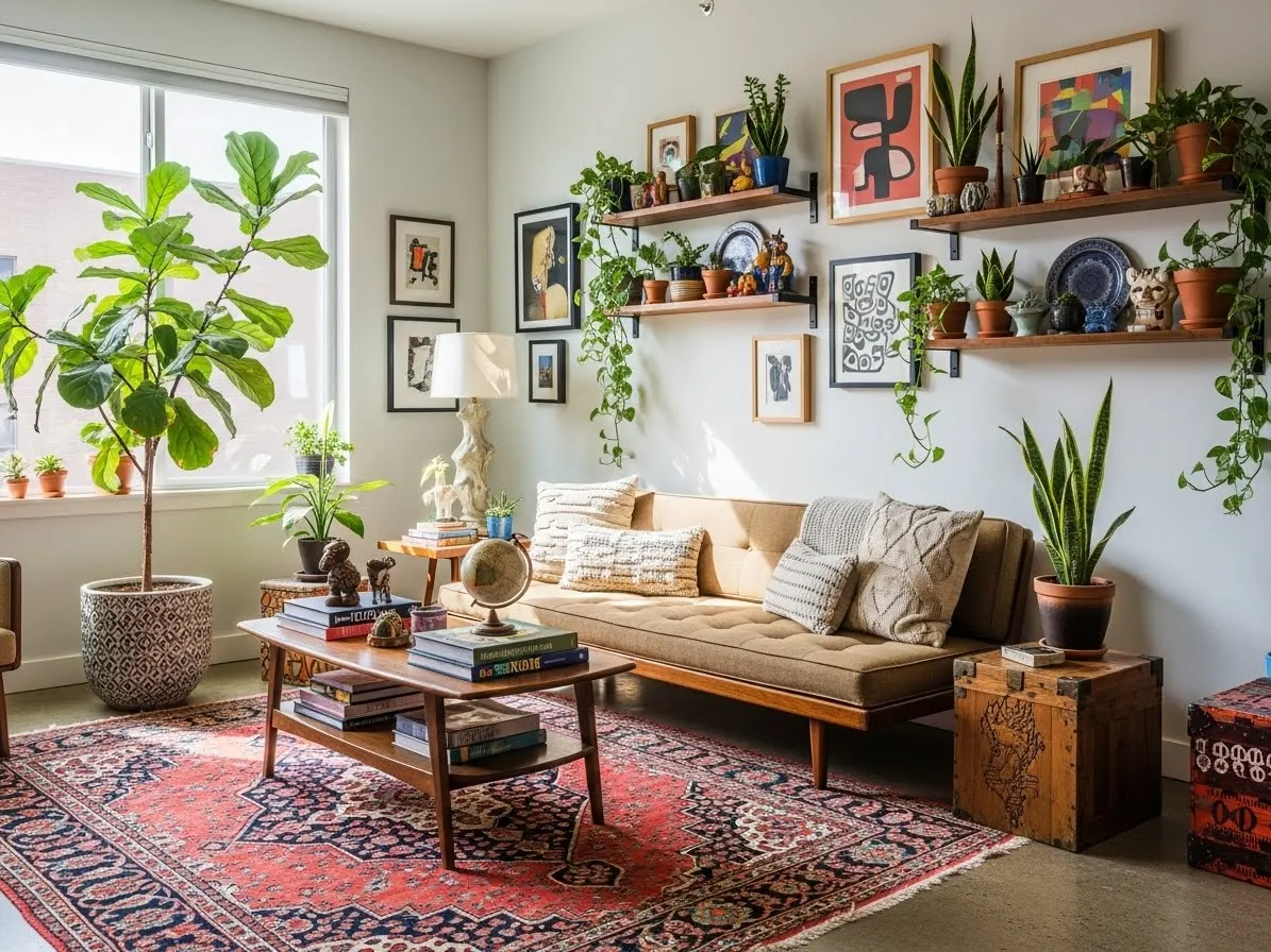 Eclectic apartment living room with indoor plants adding warmth and tying mixed decor together
