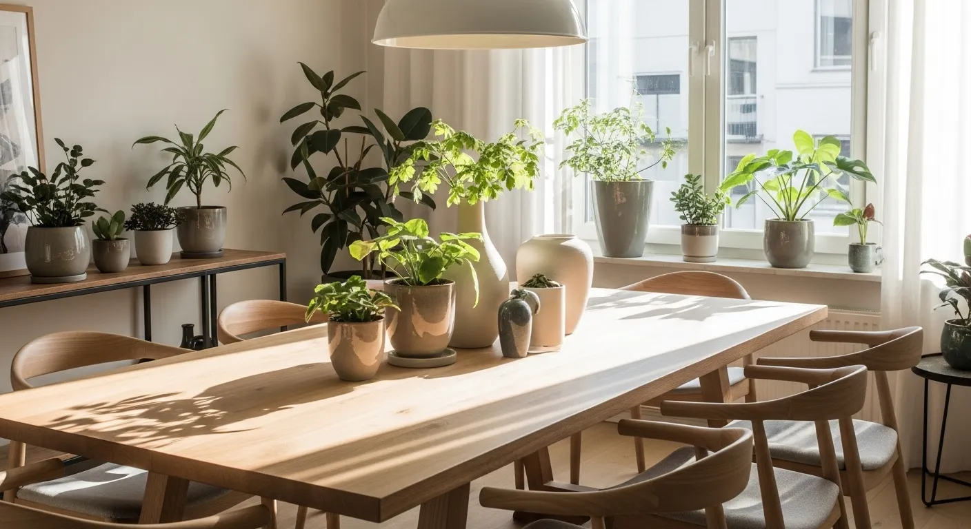 Indoor plants adding organic calm to Japandi dining room idea
