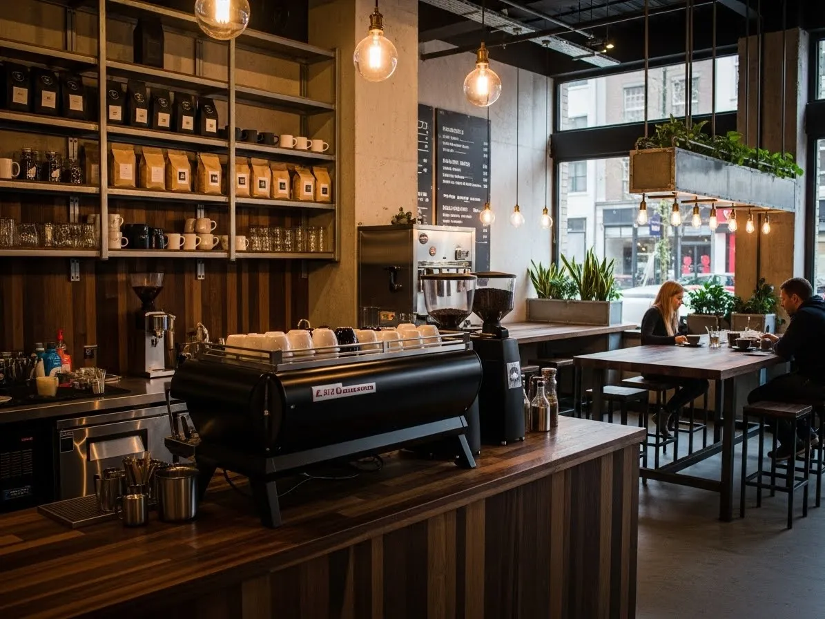 Industrial coffee bar with metal shelves and modern urban style