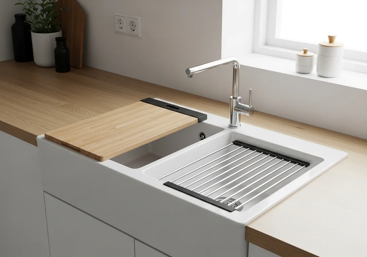 Minimalist kitchen ideas with integrated sink accessories for space saving