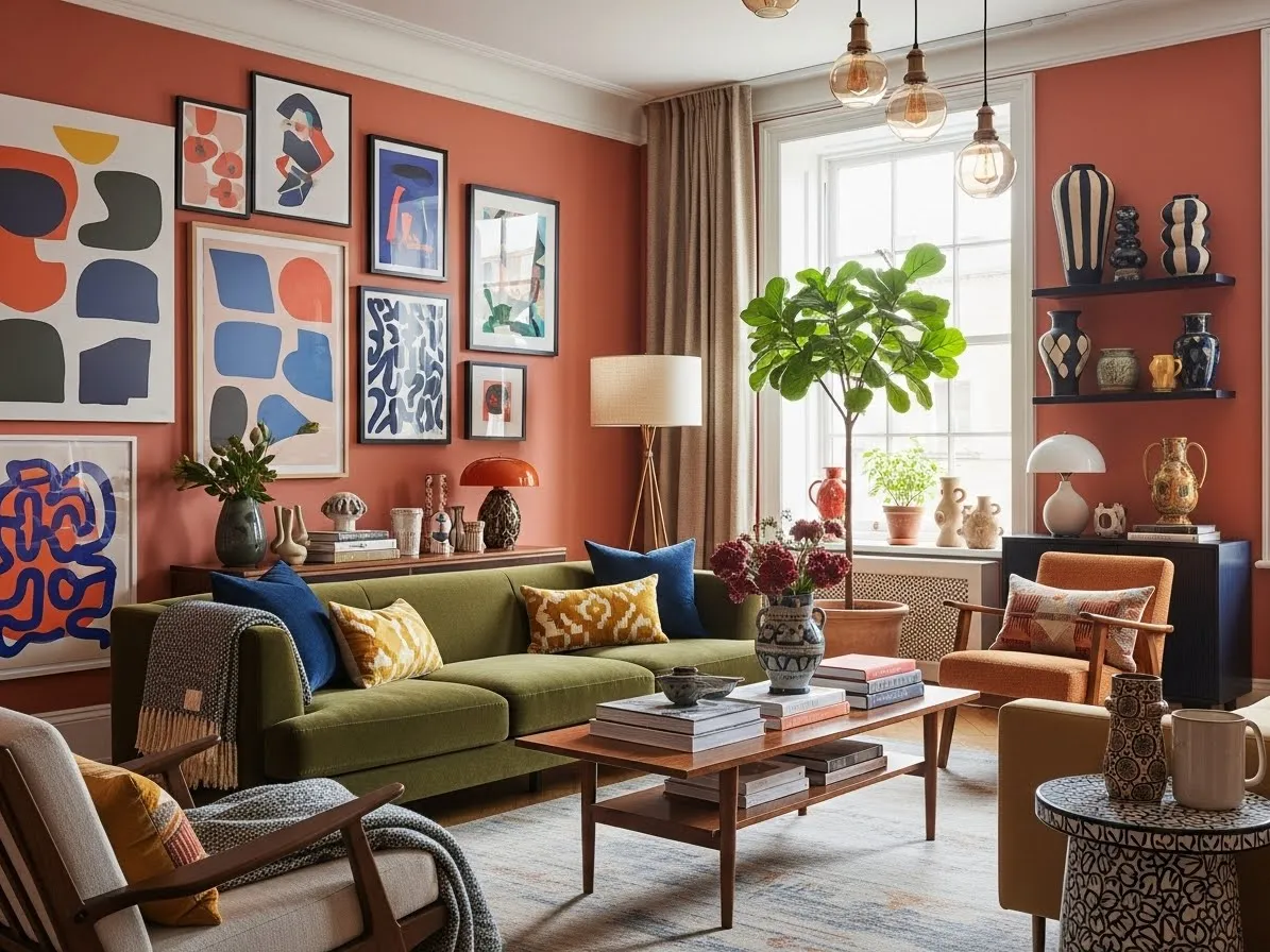 Eclectic apartment using an intentional color palette for a bold but cohesive interior