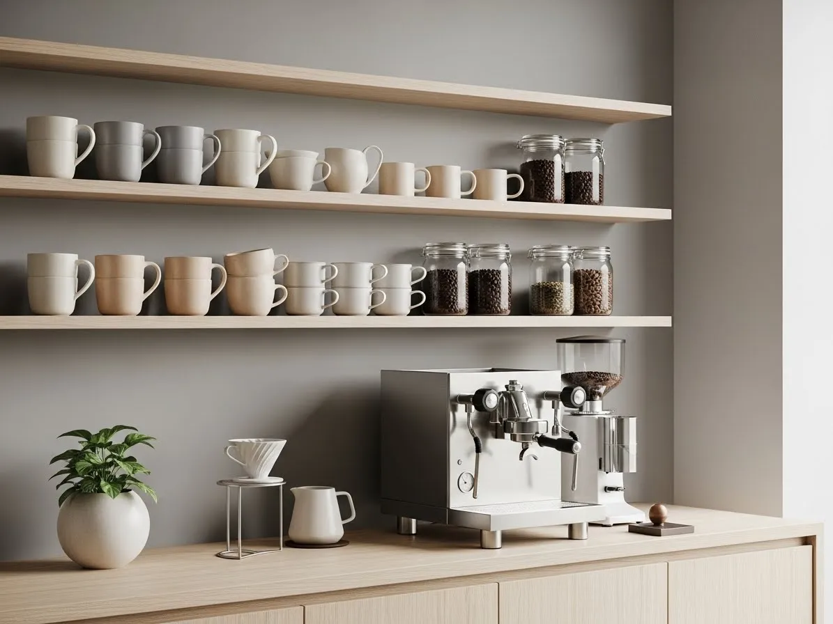 Japandi coffee bar with wooden shelves and minimalist neutral decor.