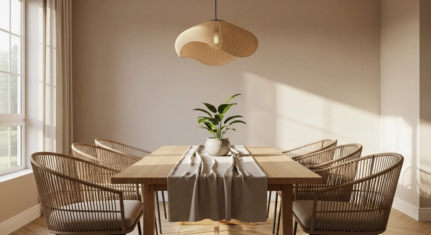 Japandi dining room ideas featuring a minimalist wooden dining table, neutral colors, natural textures, and soft lighting