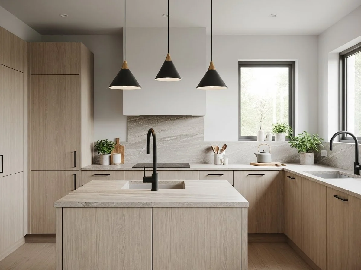 Japandi kitchen with black accents adding contrast to light wood and neutral tones.