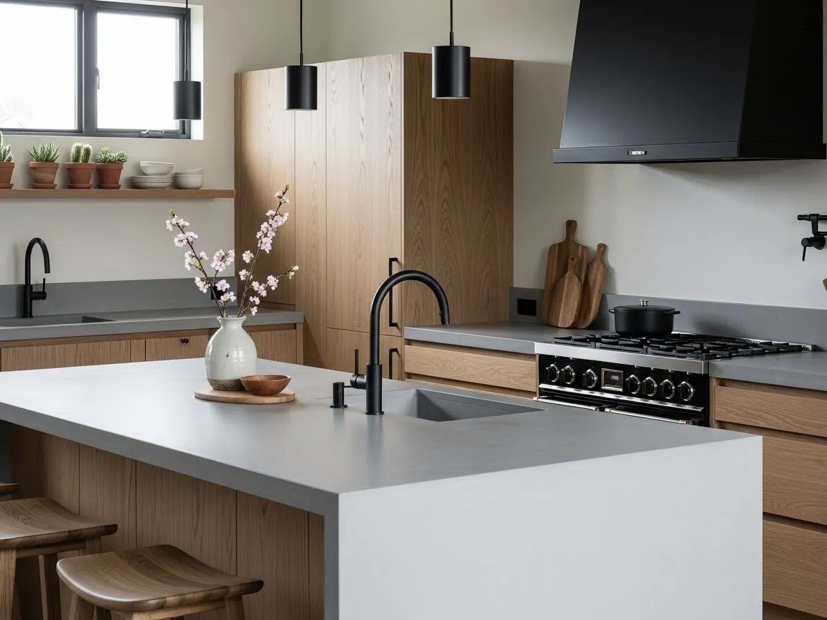 Japandi kitchen with concrete countertops and wood cabinetry in a minimalist design