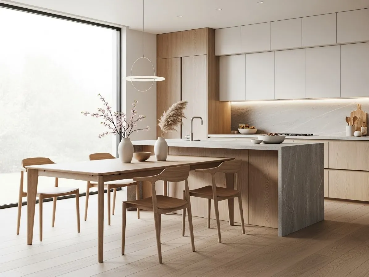 Japandi kitchen with combined dining space and minimalist wood furniture.