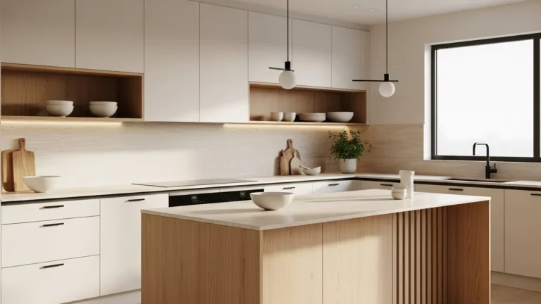 Japandi kitchen with white cabinets, warm wood accents, and a calm minimalist design.