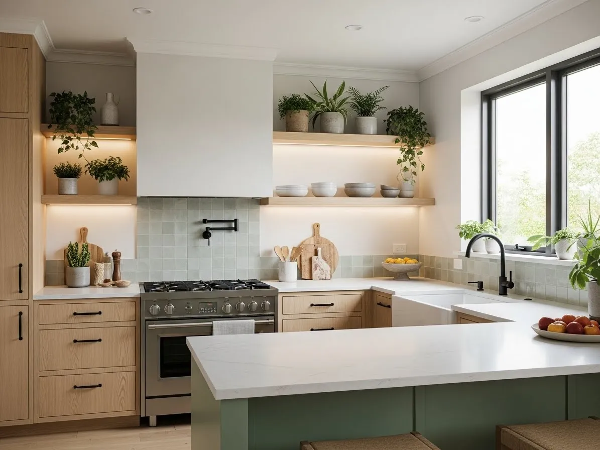 Japandi kitchen with green accents, natural wood, and indoor plants for an organic feel.