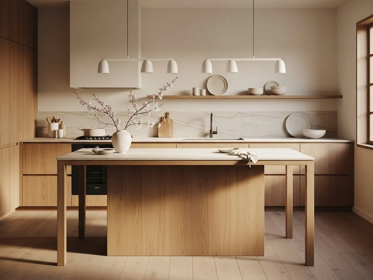 Minimalist Japandi kitchen island with natural wood and clean modern lines.