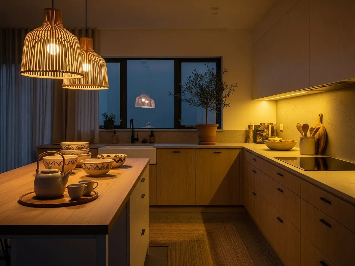 Japandi kitchen lighting with warm pendant lights and a calm minimalist ambiance.