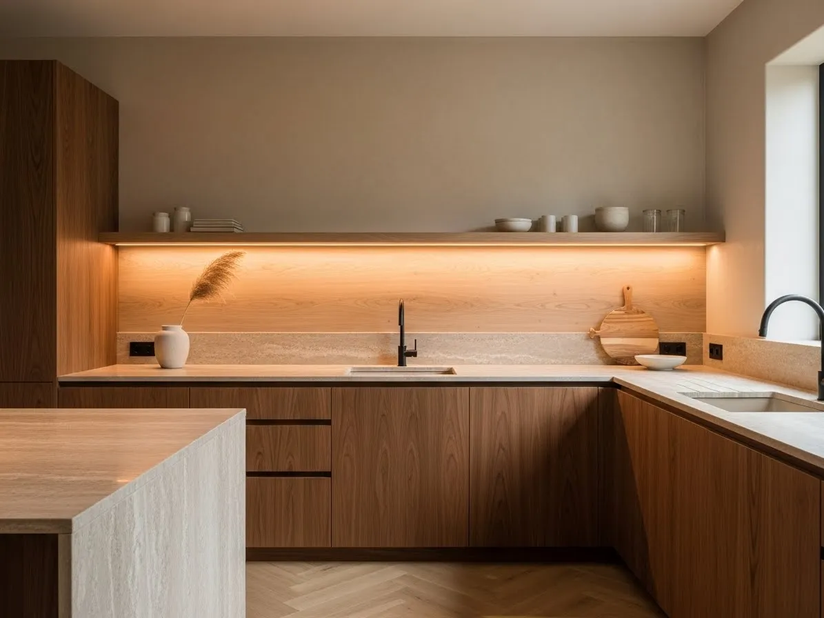 Japandi kitchen with warm walnut cabinets and a cozy minimalist design.