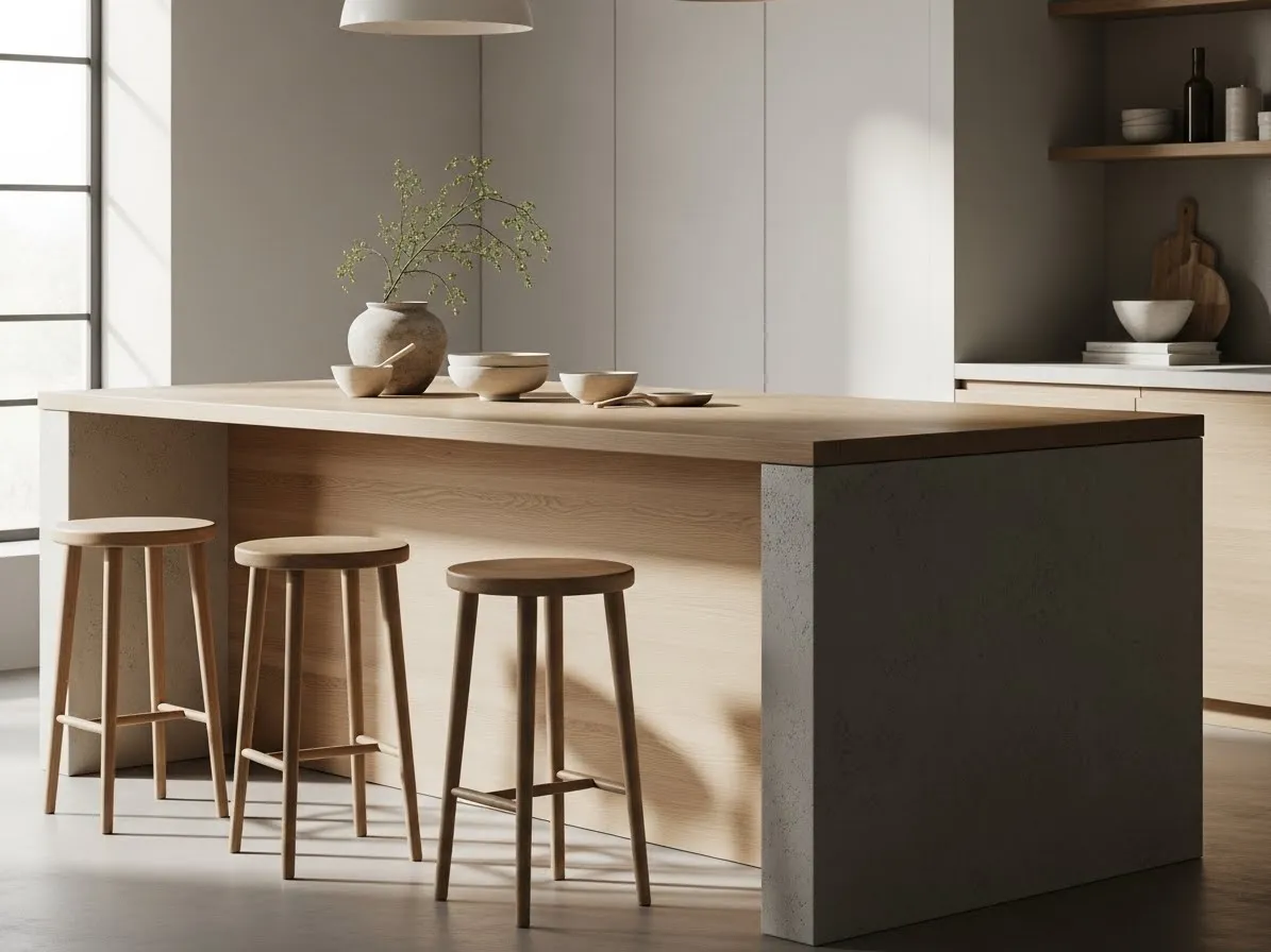 Japandi kitchen seating with simple wooden stools and a minimalist island design.