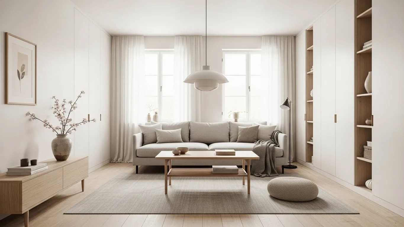Japandi living room demonstrating clutter-free layout and functional design