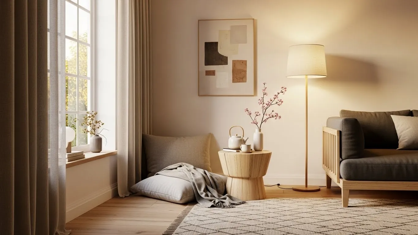 Japandi living room featuring cozy nook with floor cushion or simple chair, small side table, neutral decor, soft ambient light, minimal yet warm design, realistic interior photography, 4:3 ratio