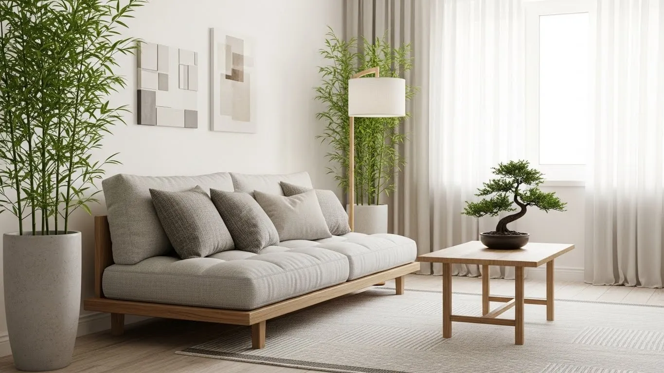 Japandi living room featuring indoor plants like bonsai and bamboo for natural serenity