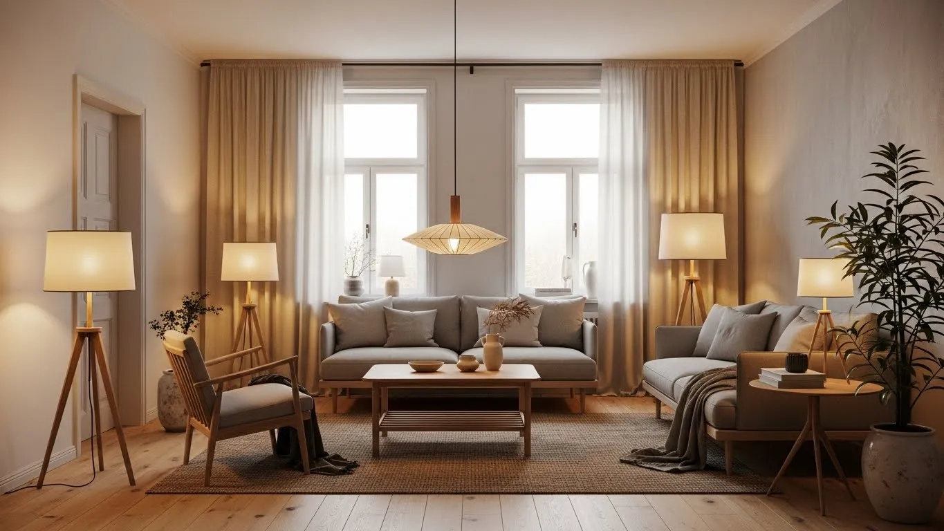 Japandi living room with layered lighting using pendants, floor lamps, and wall sconces