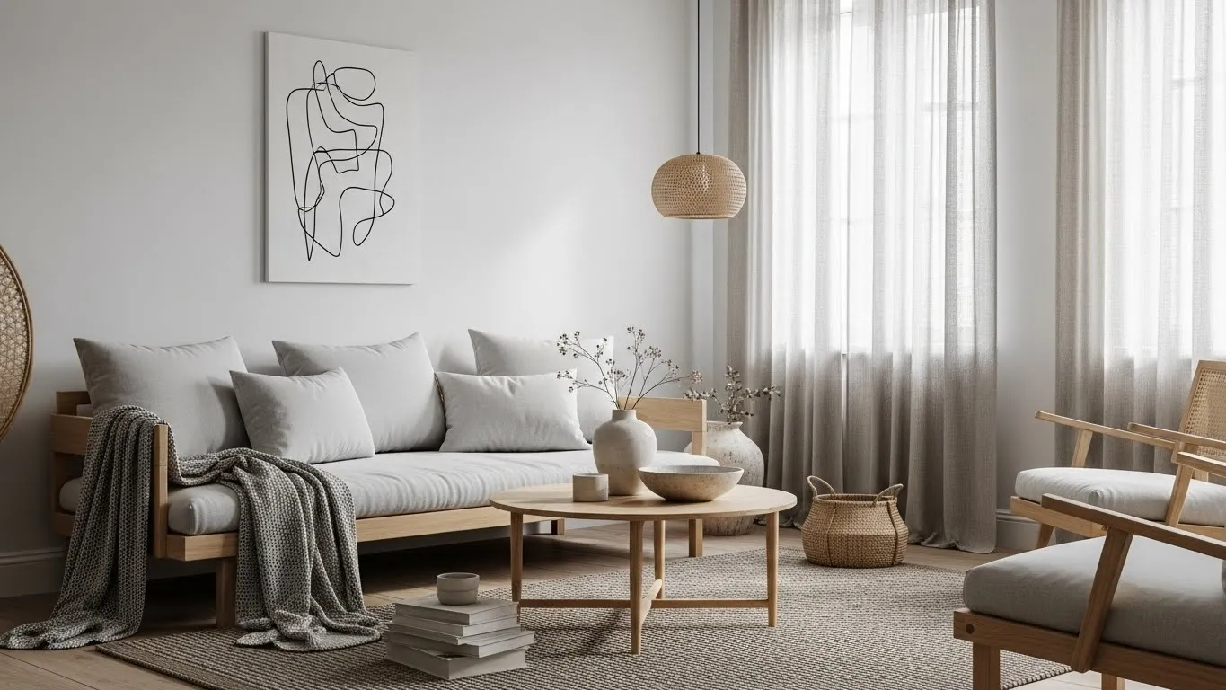 Japandi living room highlighting minimal wall art and carefully curated decor