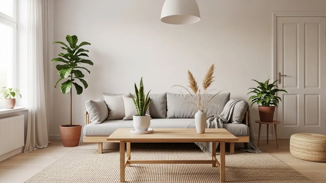 Japandi living room with minimalist furniture, natural materials, and neutral color palette
