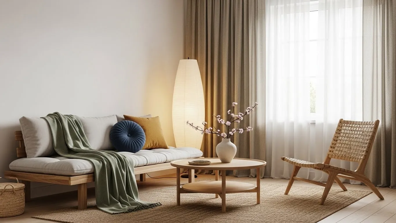 Japandi living room featuring muted color accents in pillows, throws, and decor