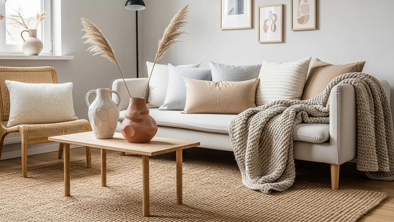 Japandi living room with layered textures including linen, wool, jute, and ceramics
