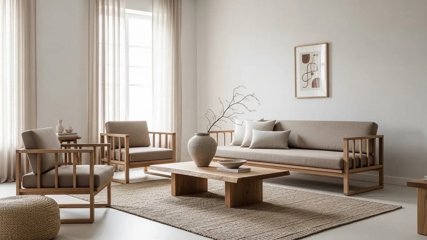 Japandi masculine living room with natural materials and minimalist design