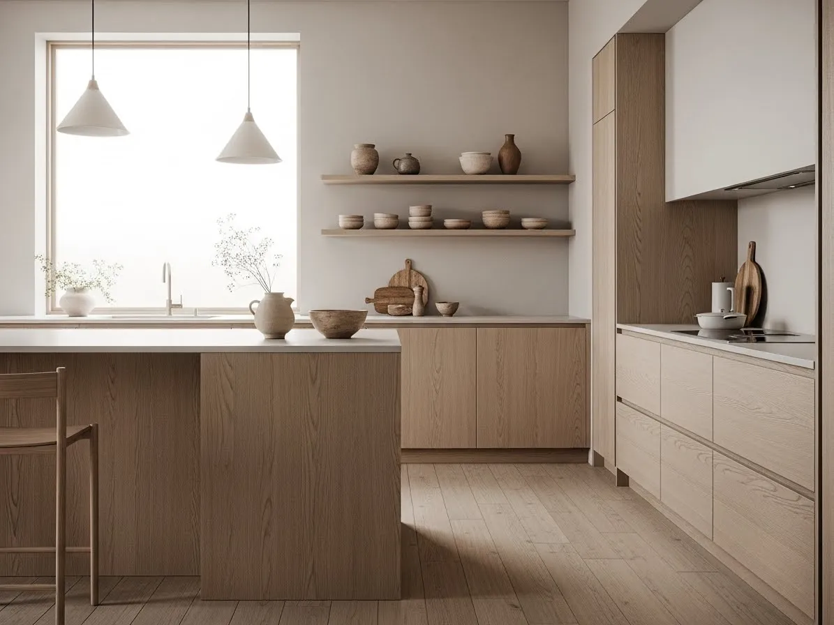 Japandi Scandinavian kitchen with warm neutral tones, light wood, and minimalist styling for a calm modern look.