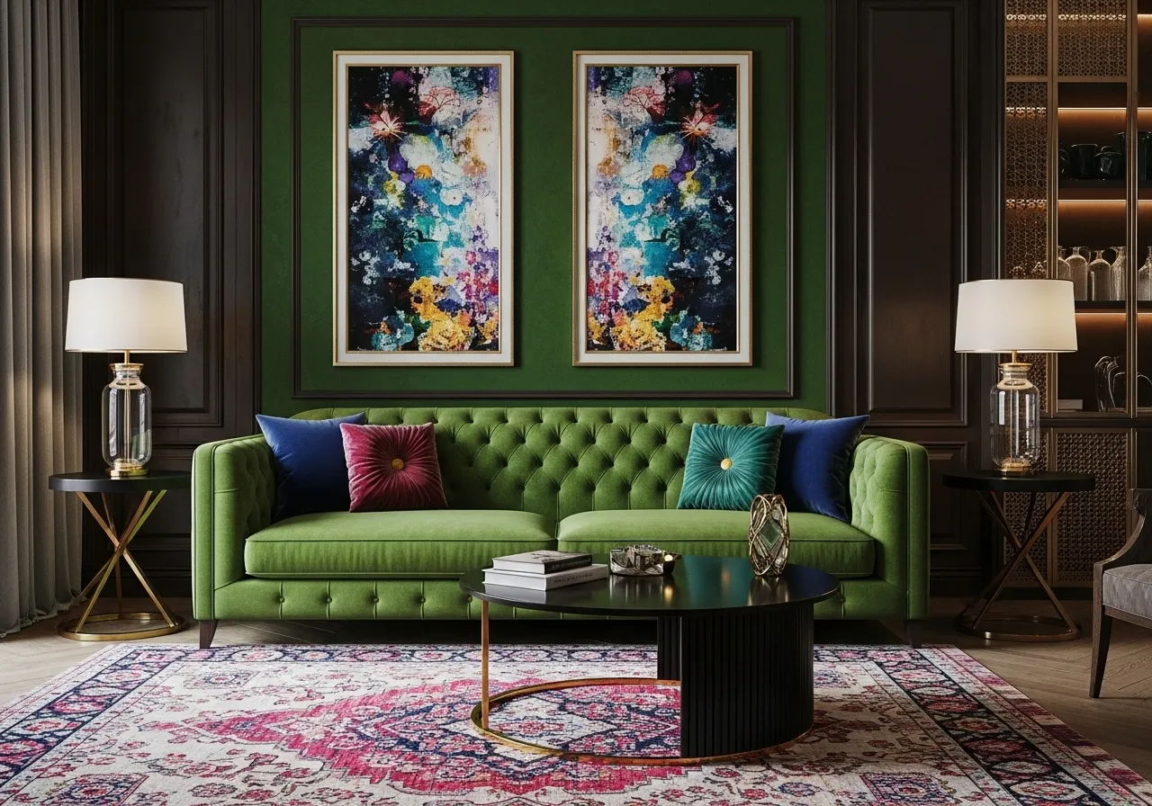 Living-room-with-green-sofa with jewel-toned accents