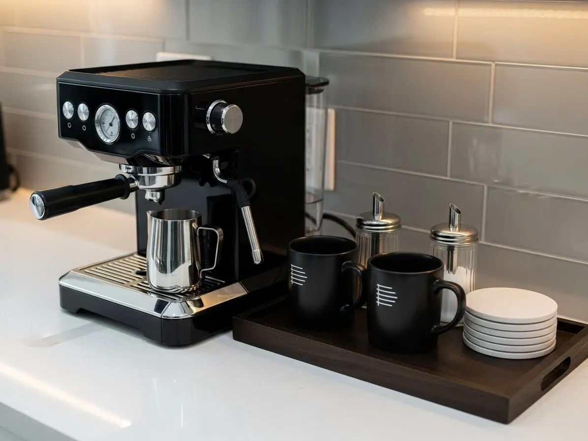 
Modern kitchen counter coffee station with organized setup