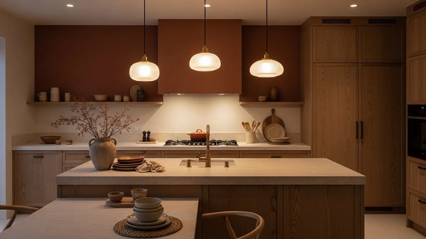 Kitchen trends for 2026 featuring warm tones, natural wood cabinets, and modern island design