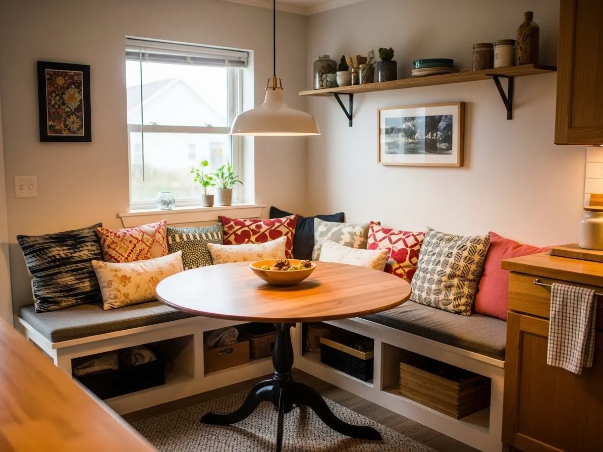 itchen with dining area featuring banquette seating with storage, cozy functional space