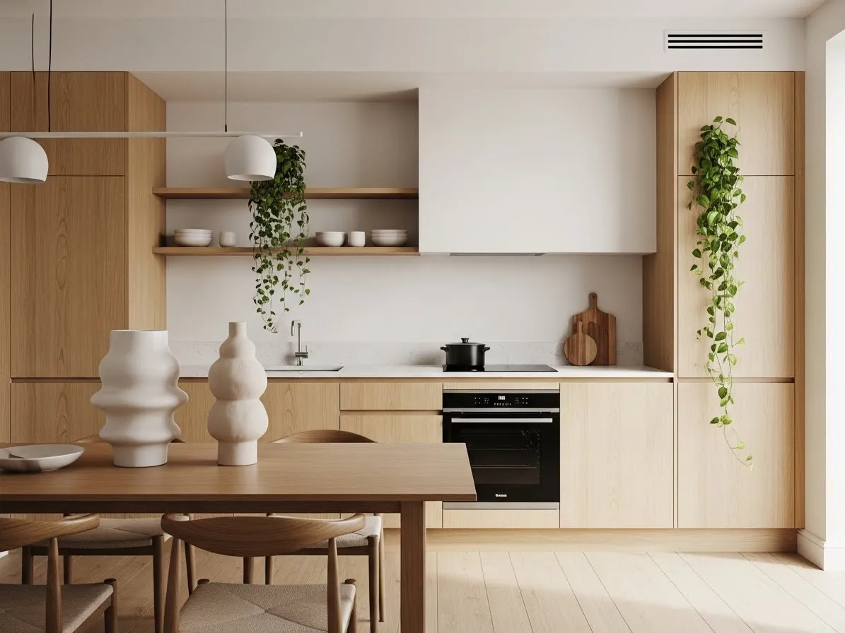Kitchen with dining area featuring blonde oak cabinets, wooden table, ceramic vases, minimalist modern style