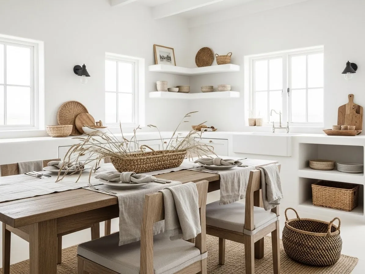 Kitchen with dining area featuring coastal cottage style, rustic table, bright airy space
