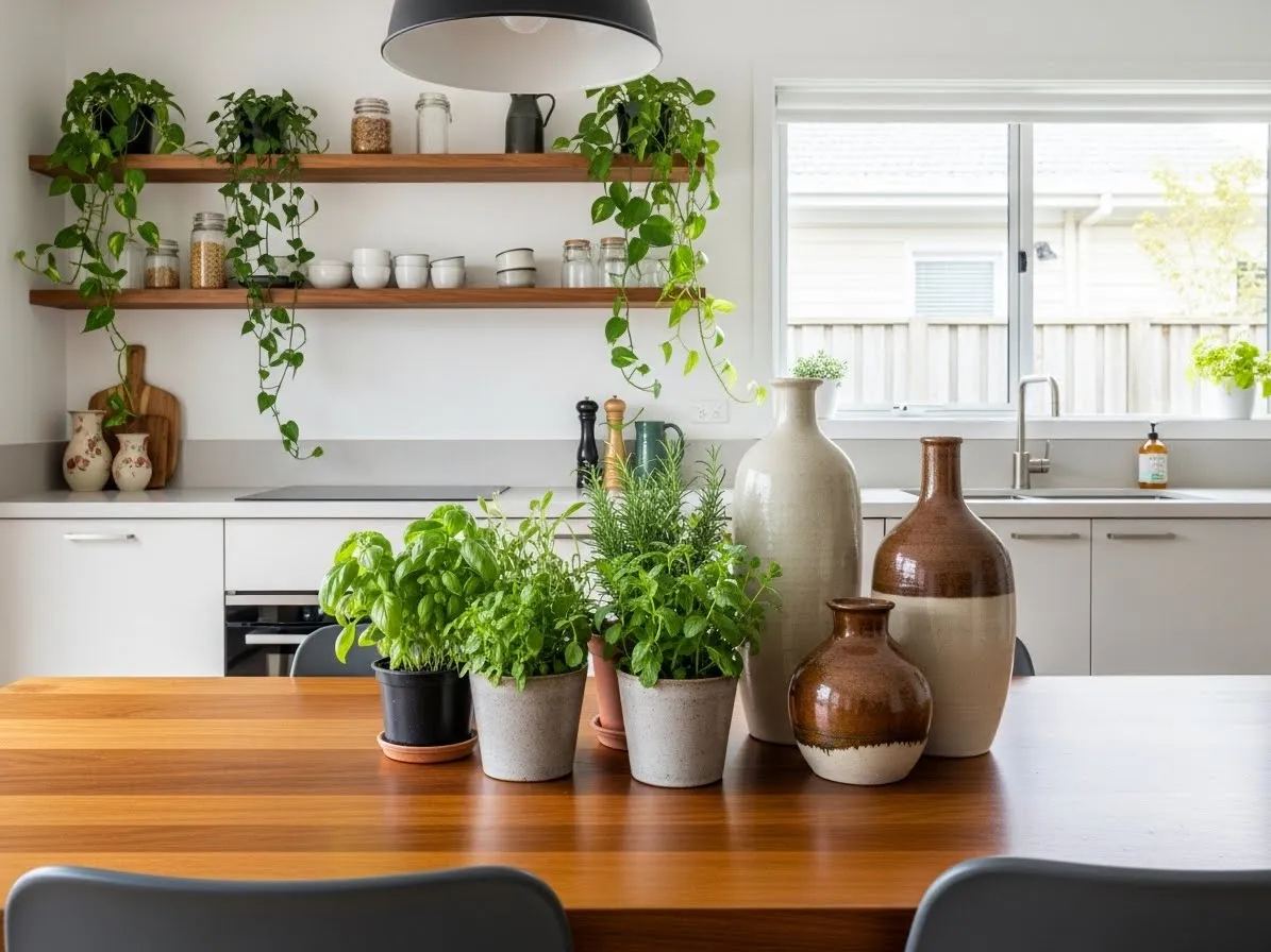 Kitchen with dining area featuring greenery and decorative elements, stylish and inviting interior
