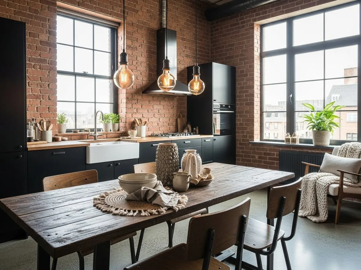 Kitchen with dining area featuring exposed brick walls, reclaimed wood table, Edison bulb lighting, cozy industrial style