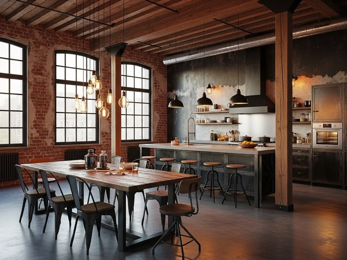 Kitchen with dining area featuring industrial loft style, exposed beams, brick walls, metal chairs